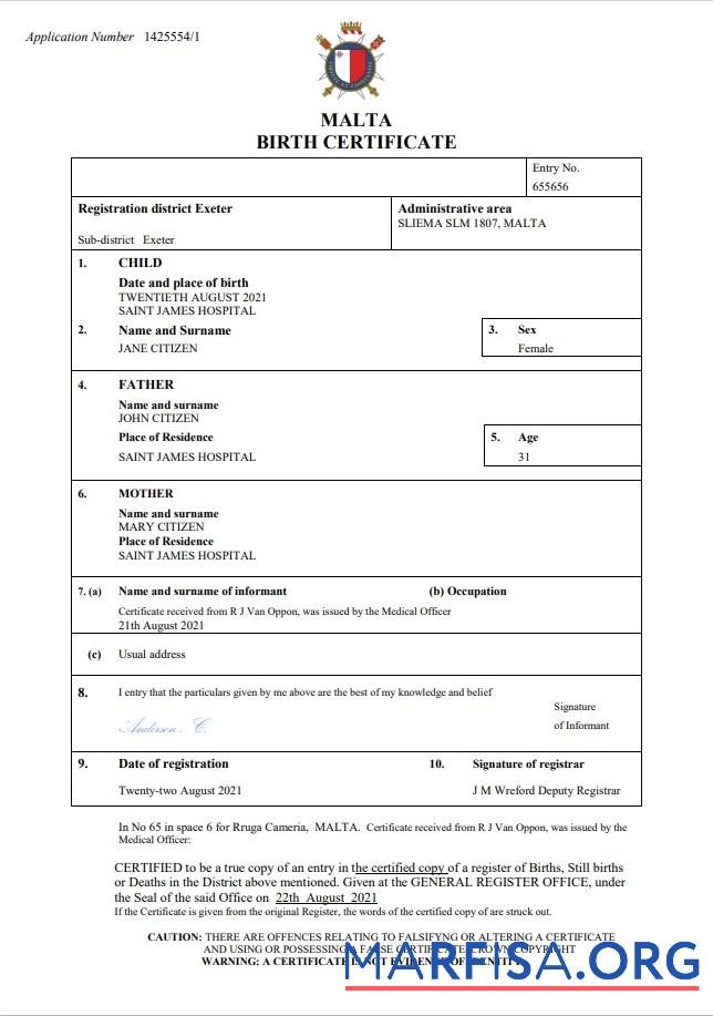 Realistic Malta birth certificate Word and PDF template